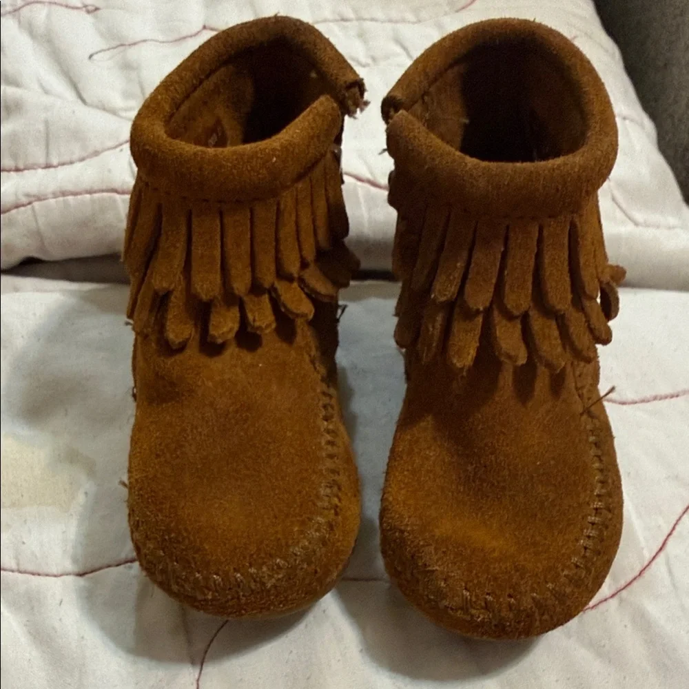 Minnetonka Tan Kids Moccasins with Fringe